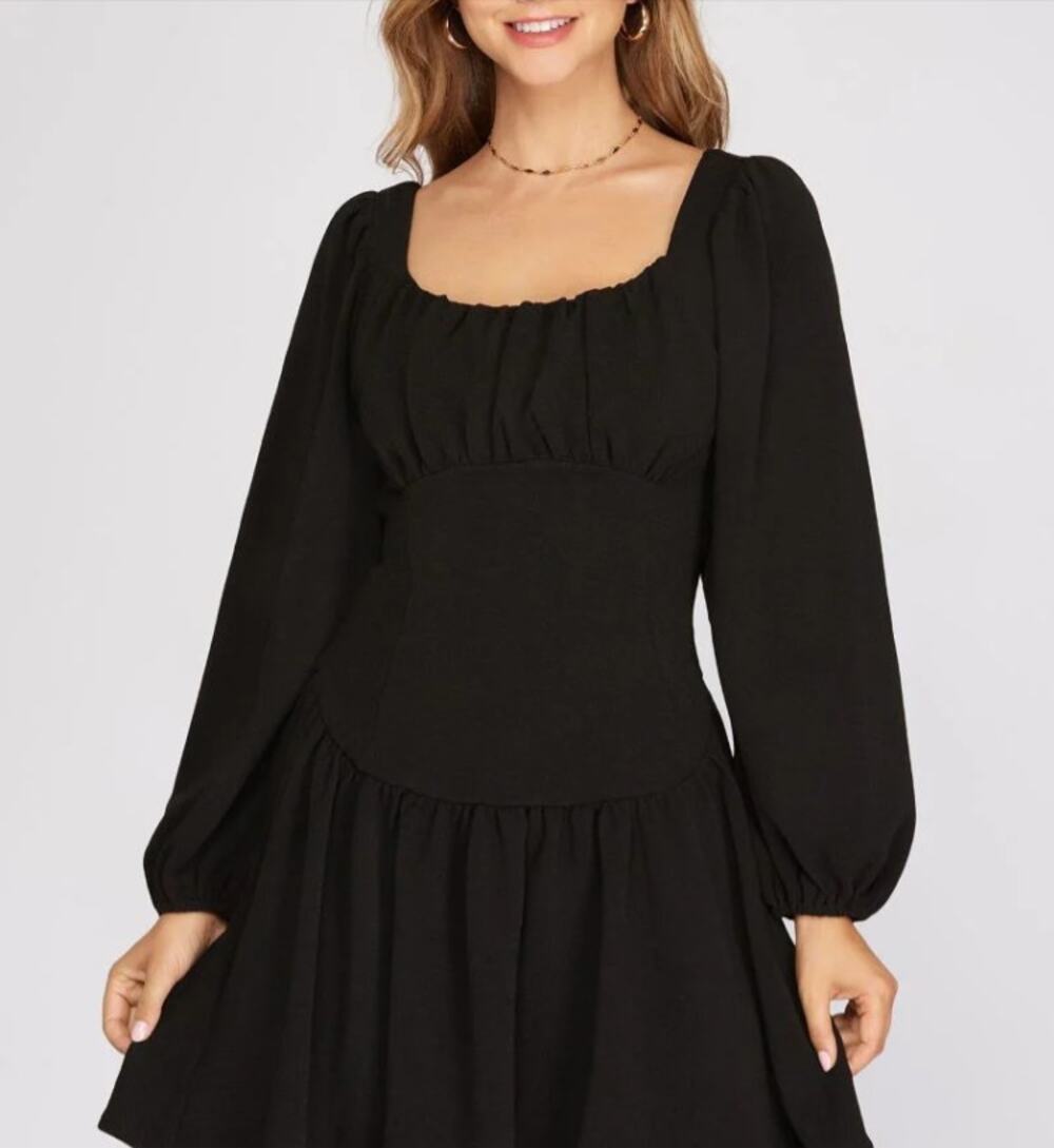 She + Sky Black Square Neck Drop Waist Puff Sleeve Mini Dress Medium NWT